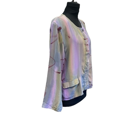 VTG 80s Aliki Yamani Jacket Top Sheer Silk Hidden Buttons Colorful Shoulder Pad - Picture 4 of 12